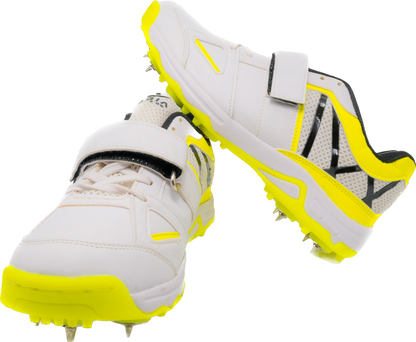 AGIA Hattrick - SwiftStrike Cricket Spike Shoes for Kids / Youth / Men - White and Yellow