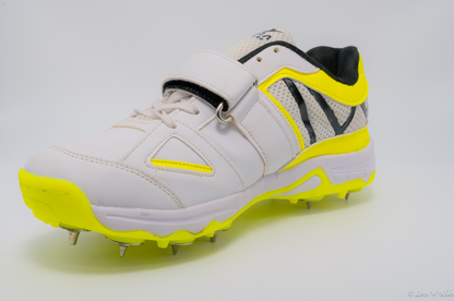 AGIA Hattrick - SwiftStrike Cricket Spike Shoes for Kids / Youth / Men - White and Yellow