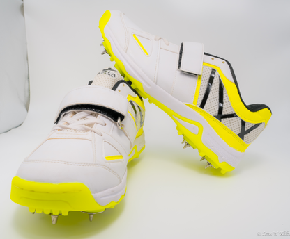 AGIA Hattrick - SwiftStrike Cricket Spike Shoes for Kids / Youth / Men - White and Yellow